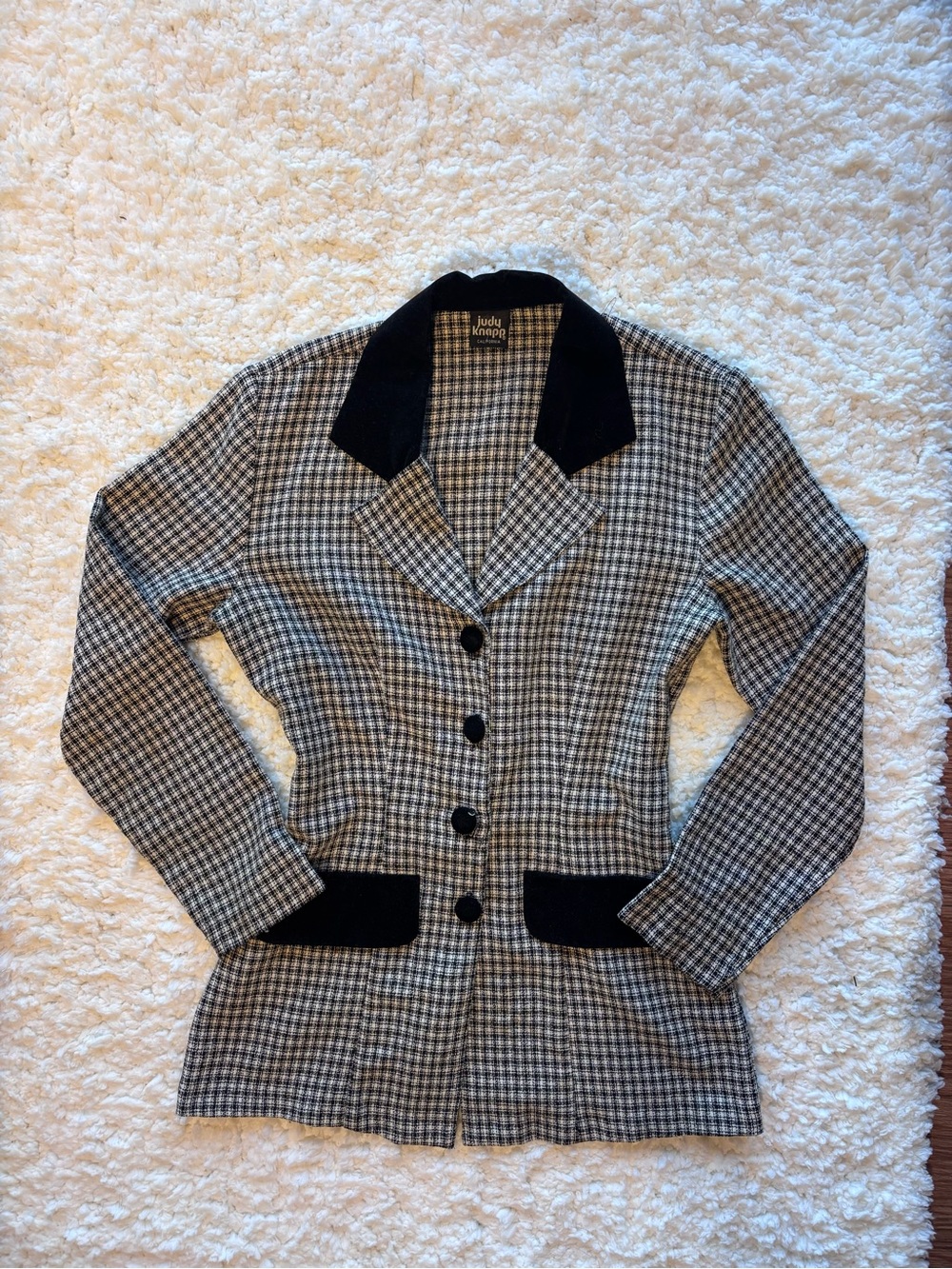 Jude Connally Black & White Houndstooth Velvet-Trim Blazer